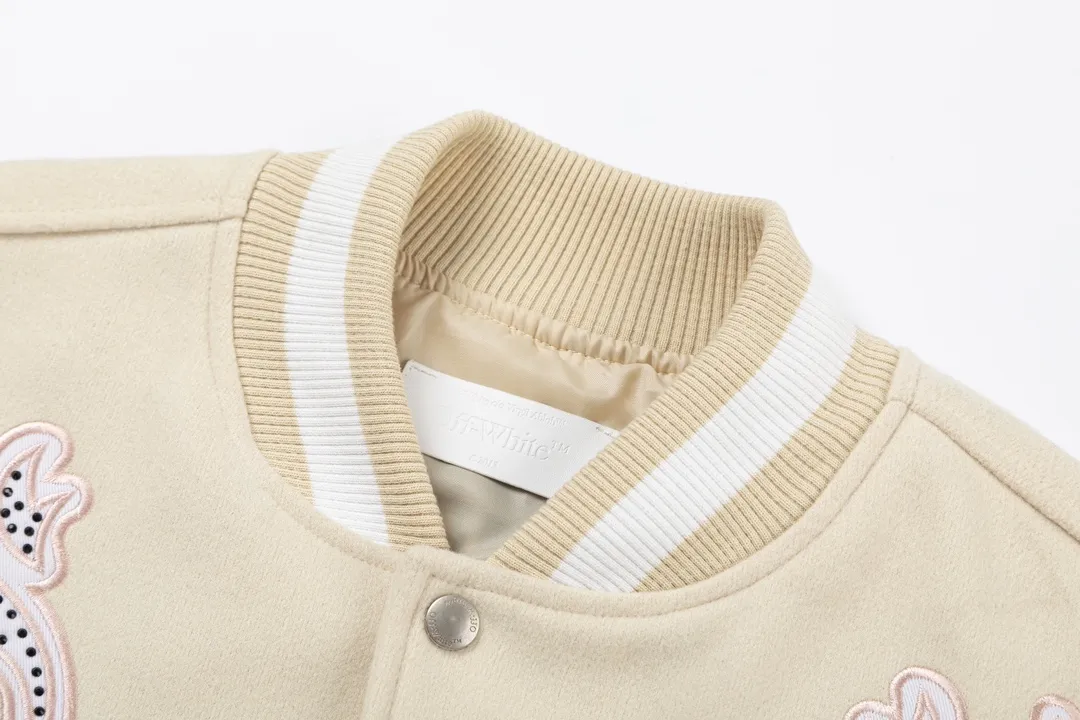 S30#P696, off white 2024 autumn and winter new heavy industry embroidered leather baseball jacket couple style color beige size: S M L XL